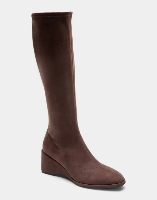 Comfortable Women's Stretch Knee High Sculpted Wedge Boot in Java Faux Suede Faux Suede