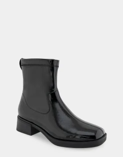 Comfortable Women's Stretch Equestrian Bootie in Black Stretch Crinkled Patent Faux Leather