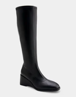 Comfortable Women's Stretch Knee High Sculpted Wedge Boot in Black Stretch Faux Leather Faux Leather