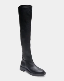 Comfortable Women's Stretch Over The Knee Flat Boot in Black Pebbled Stretch Faux Leather Faux Leather