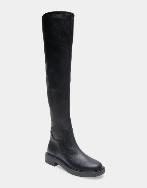 Comfortable Women's Stretch Over The Knee Flat Boot in Black Pebbled Stretch Faux Leather Faux Leather