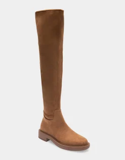 Comfortable Women's Stretch Over The Knee Flat Boot in Tobacco Faux Suede Faux Stretch Suede