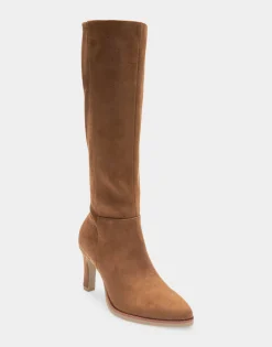 Comfortable Women's Stretch Knee High Crepe Sole Stiletto Boot in Tobacco Faux Suede Faux Suede