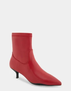 Comfortable Women's Stretch Point Toe Molded Outsole Kitten Heel Bootie in Racing Red Stretch Faux Leather Faux Leather