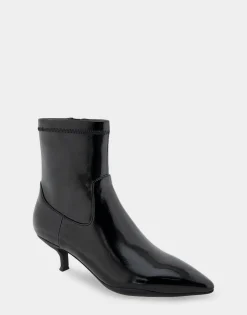 Comfortable Women's Stretch Point Toe Molded Outsole Kitten Heel Bootie in Black Crinkled Patent Faux Leather Stretch Patent Faux Leather