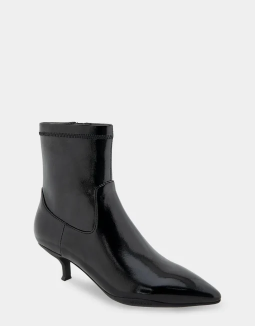 Comfortable Women's Stretch Point Toe Molded Outsole Kitten Heel Bootie in Black Crinkled Patent Faux Leather Stretch Patent Faux Leather
