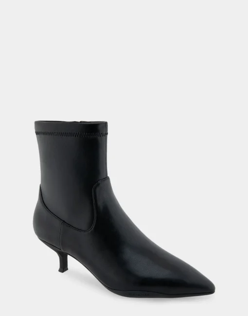 Comfortable Women's Stretch Point Toe Molded Outsole Kitten Heel Bootie in Black Stretch Faux Leather Faux Leather