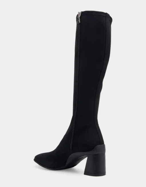 Comfortable Women's Stretch Knee High Sculpted Heel Boot in Black Stretch Gabardine Fabric
