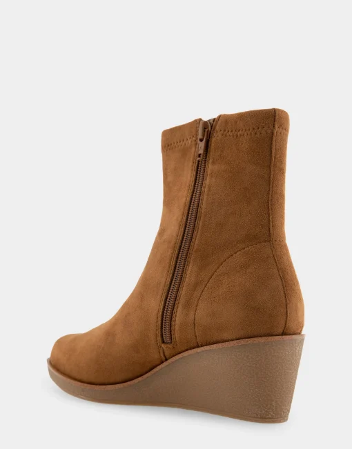 Comfortable Women's Stretch Ankle Crepe Textured Wedge Bootie in Tobacco Faux Suede Faux Stretch Suede