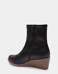Comfortable Women's Stretch Ankle Crepe Textured Wedge Bootie in Java Stretch Pebbled Faux Leather Faux Leather