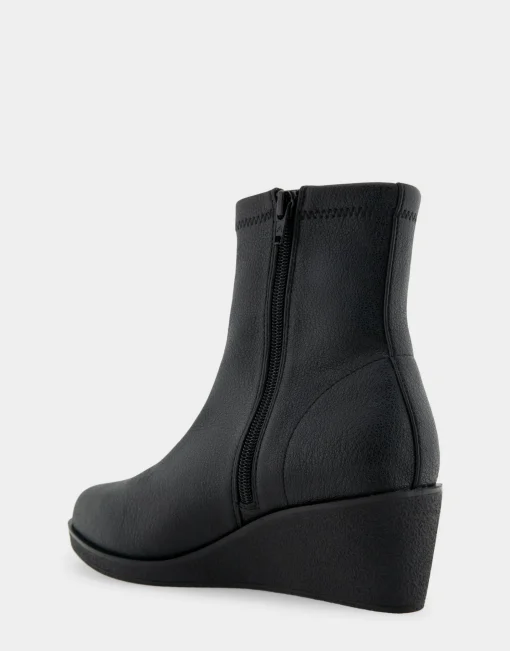 Comfortable Women's Stretch Ankle Crepe Textured Wedge Bootie in Black Stretch Pebbled Faux Leather Faux Leather