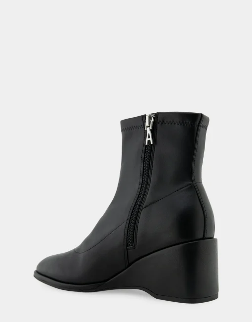 Comfortable Women's Stretch Ankle Sculpted Wedge Boot in Black Stretch Faux Leather Faux Leather