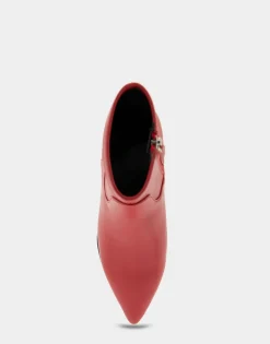 Comfortable Women's Stretch Point Toe Molded Outsole Kitten Heel Bootie in Racing Red Stretch Faux Leather Faux Leather