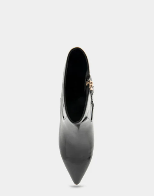 Comfortable Women's Stretch Point Toe Molded Outsole Kitten Heel Bootie in Black Crinkled Patent Faux Leather Stretch Patent Faux Leather