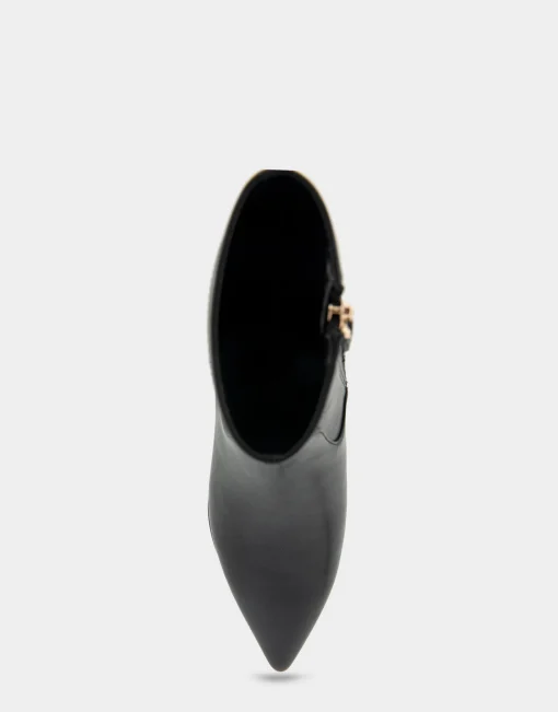 Comfortable Women's Stretch Point Toe Molded Outsole Kitten Heel Bootie in Black Stretch Faux Leather Faux Leather