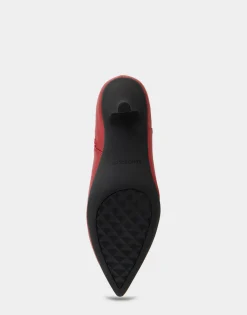 Comfortable Women's Stretch Point Toe Molded Outsole Kitten Heel Bootie in Racing Red Stretch Faux Leather Faux Leather