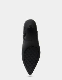 Comfortable Women's Stretch Point Toe Molded Outsole Kitten Heel Bootie in Black Crinkled Patent Faux Leather Stretch Patent Faux Leather