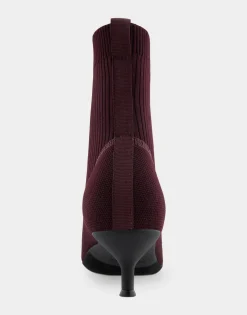 Comfortable Women's Stretch Knit Point Toe Molded Outsole Kitten Heel Bootie in Deep Aubergine Knit Stretch Flyknit Fabric