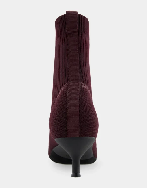Comfortable Women's Stretch Knit Point Toe Molded Outsole Kitten Heel Bootie in Deep Aubergine Knit Stretch Flyknit Fabric