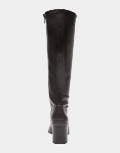 Comfortable Women's Stretch Knee High Sculpted Heel Boot in Java Stretch Faux Leather Faux Leather