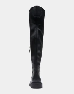 Comfortable Women's Stretch Over The Knee Flat Boot in Black Pebbled Stretch Faux Leather Faux Leather