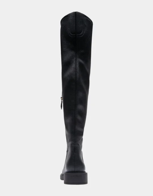 Comfortable Women's Stretch Over The Knee Flat Boot in Black Pebbled Stretch Faux Leather Faux Leather