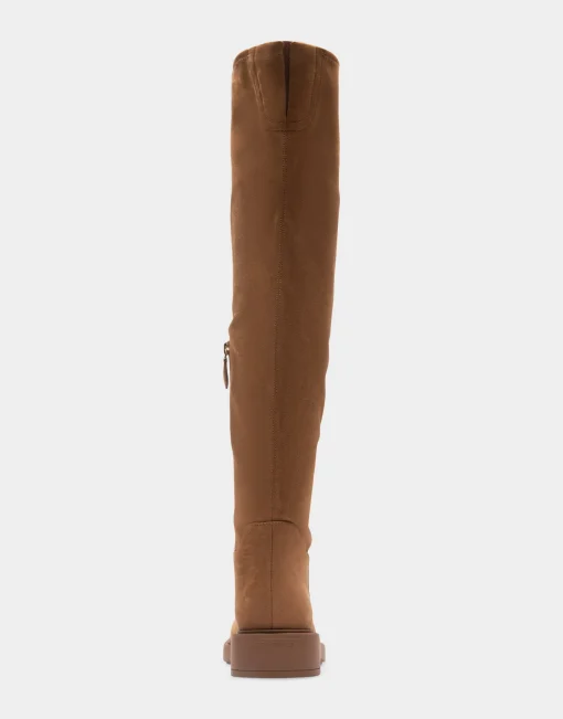 Comfortable Women's Stretch Over The Knee Flat Boot in Tobacco Faux Suede Faux Stretch Suede