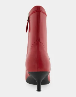 Comfortable Women's Stretch Point Toe Molded Outsole Kitten Heel Bootie in Racing Red Stretch Faux Leather Faux Leather