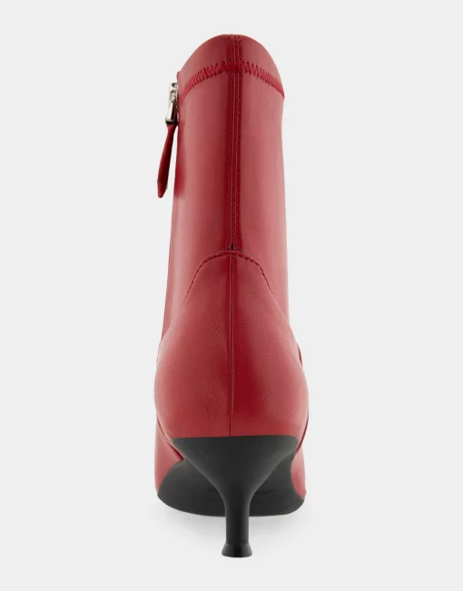 Comfortable Women's Stretch Point Toe Molded Outsole Kitten Heel Bootie in Racing Red Stretch Faux Leather Faux Leather