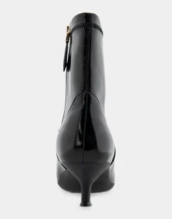 Comfortable Women's Stretch Point Toe Molded Outsole Kitten Heel Bootie in Black Crinkled Patent Faux Leather Stretch Patent Faux Leather