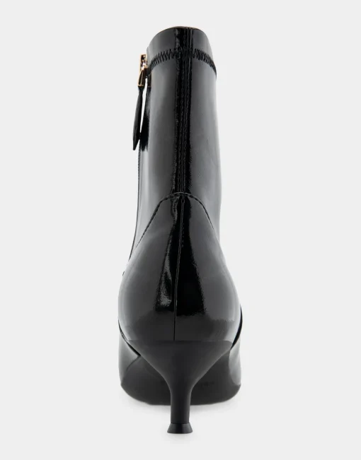 Comfortable Women's Stretch Point Toe Molded Outsole Kitten Heel Bootie in Black Crinkled Patent Faux Leather Stretch Patent Faux Leather