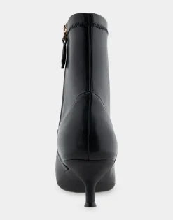 Comfortable Women's Stretch Point Toe Molded Outsole Kitten Heel Bootie in Black Stretch Faux Leather Faux Leather