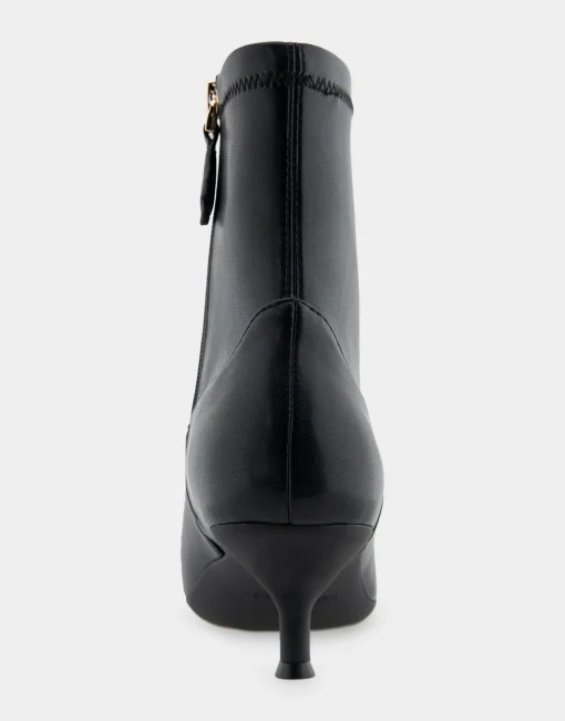 Comfortable Women's Stretch Point Toe Molded Outsole Kitten Heel Bootie in Black Stretch Faux Leather Faux Leather