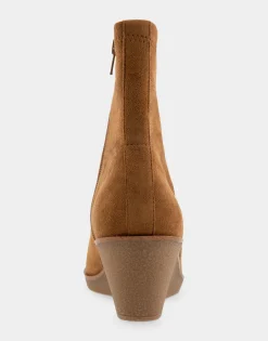 Comfortable Women's Stretch Ankle Crepe Textured Wedge Bootie in Tobacco Faux Suede Faux Stretch Suede