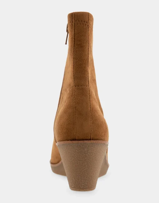 Comfortable Women's Stretch Ankle Crepe Textured Wedge Bootie in Tobacco Faux Suede Faux Stretch Suede