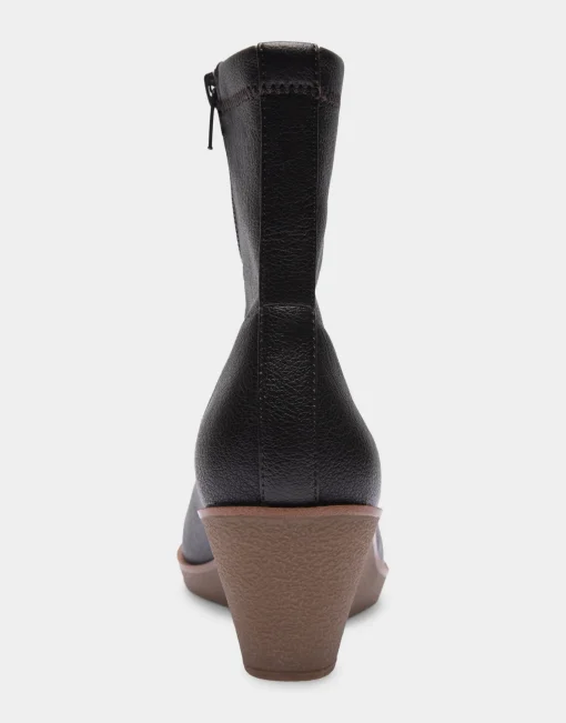 Comfortable Women's Stretch Ankle Crepe Textured Wedge Bootie in Java Stretch Pebbled Faux Leather Faux Leather