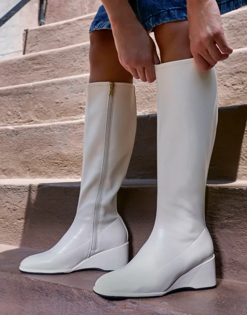 Comfortable Women's Stretch Knee High Sculpted Wedge Boot in Eggnog Stretch Faux Leather Faux Leather