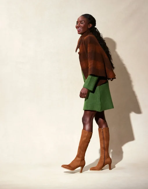 Comfortable Women's Stretch Knee High Crepe Sole Stiletto Boot in Tobacco Faux Suede Faux Suede