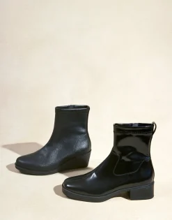 Comfortable Women's Stretch Ankle Crepe Textured Wedge Bootie in Black Stretch Pebbled Faux Leather Faux Leather
