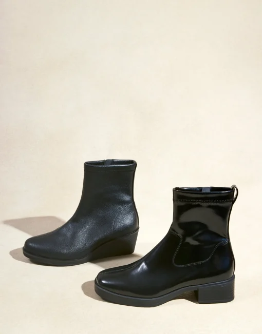 Comfortable Women's Stretch Ankle Crepe Textured Wedge Bootie in Black Stretch Pebbled Faux Leather Faux Leather
