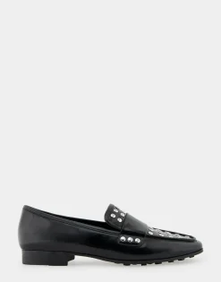 Comfortable Women's Studded Tailored Loafer in Black/silver Burnished Faux Leather Faux Leather