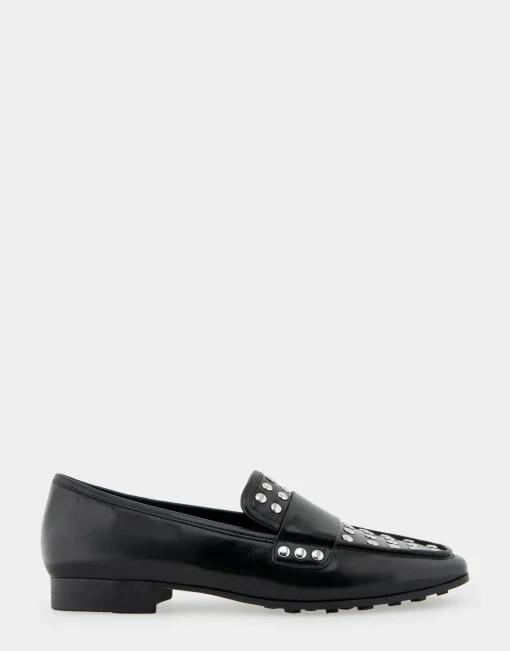 Comfortable Women's Studded Tailored Loafer in Black/silver Burnished Faux Leather Faux Leather