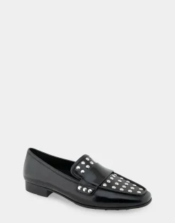 Comfortable Women's Studded Tailored Loafer in Black/silver Burnished Faux Leather Faux Leather