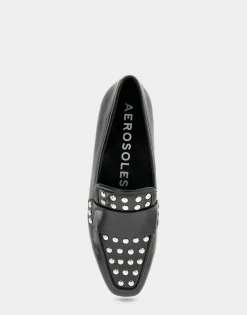 Comfortable Women's Studded Tailored Loafer in Black/silver Burnished Faux Leather Faux Leather