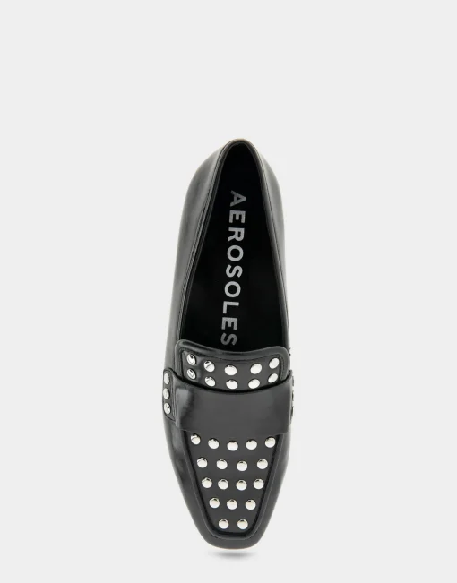 Comfortable Women's Studded Tailored Loafer in Black/silver Burnished Faux Leather Faux Leather