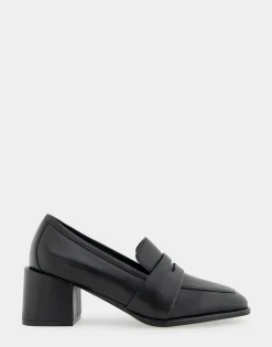 Comfortable Women's Tailored Block Heel Loafer in Black Leather Leather