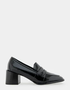 Comfortable Women's Tailored Block Heel Loafer in Black Crinkled Patent Faux Leather Patent Faux Leather