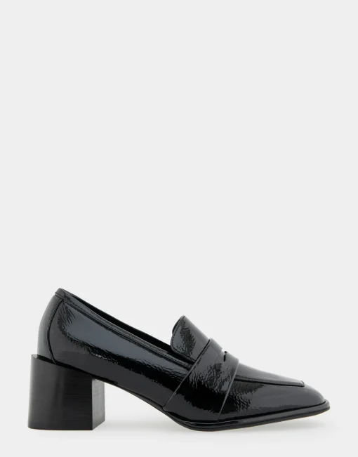 Comfortable Women's Tailored Block Heel Loafer in Black Crinkled Patent Faux Leather Patent Faux Leather