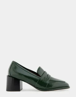 Comfortable Women's Tailored Block Heel Loafer in Fir Green Crinkled Patent Faux Leather Patent Faux Leather