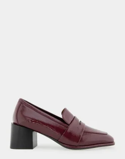 Comfortable Women's Tailored Block Heel Loafer in Burgundy Crinkled Patent Faux Leather Patent Faux Leather